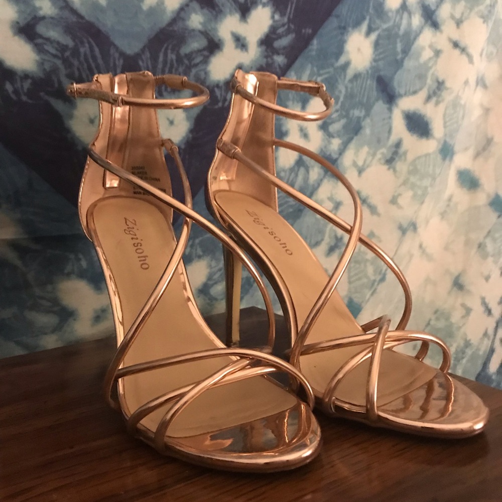 Metallic rose gold strappy heels